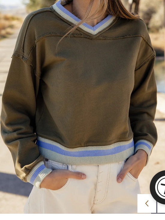 Free People Sweaters - Free People rio sweater Olive Green V-Neck Sweatshirt with Blue-Trim